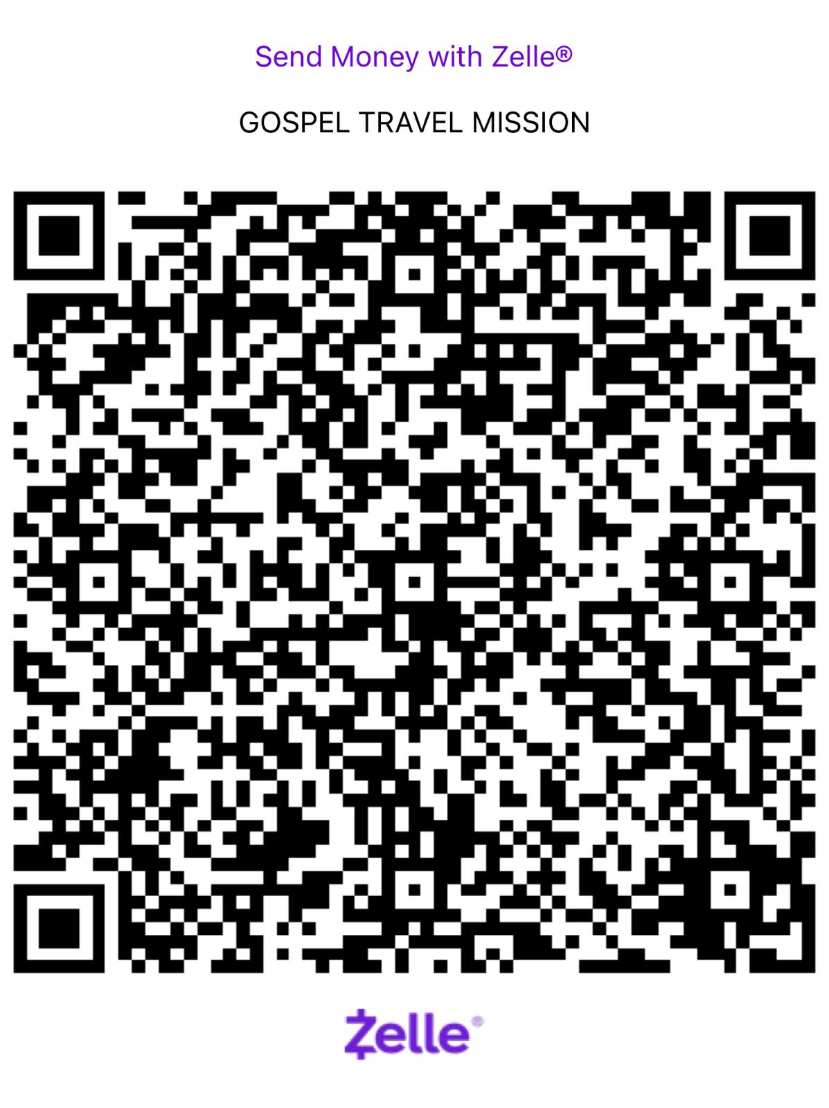 Zelle donation QR code for Gospel Travel Mission